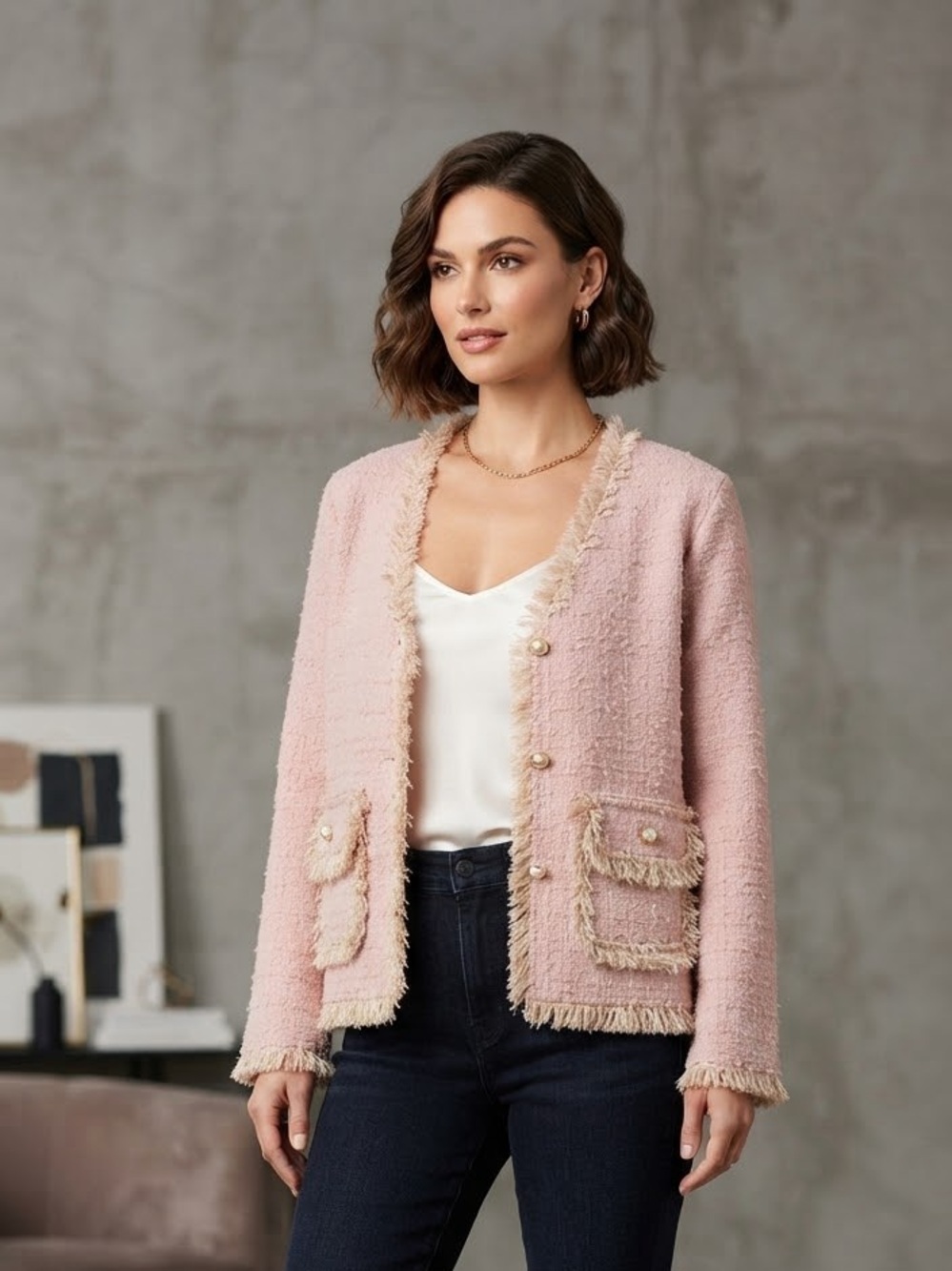 S. Christina Pink Tweed Knit Cardigan Jacket - NWT - Shaggy Fringe Trim - S/M